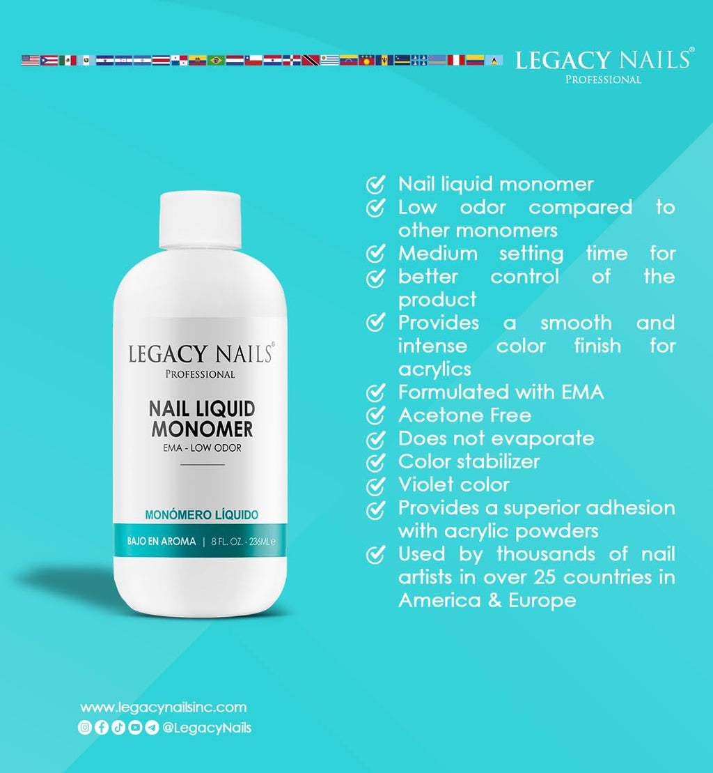 Legacy Nails Professional NAIL LIQUID MONOMER – MMA-Free, Acetone-Free, Low-Odor, Compatible with All Acrylic Powders – 946ml / 32 fl oz