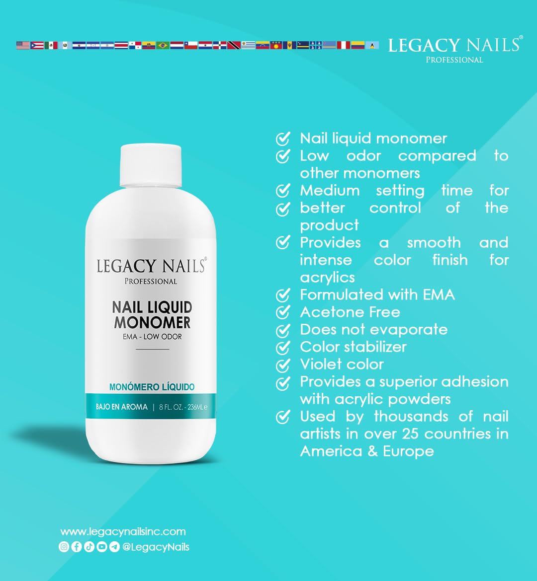 Legacy Nails Professional NAIL LIQUID MONOMER – MMA-Free, Acetone-Free, Low-Odor, Compatible with All Acrylic Powders – 946ml / 32 fl oz