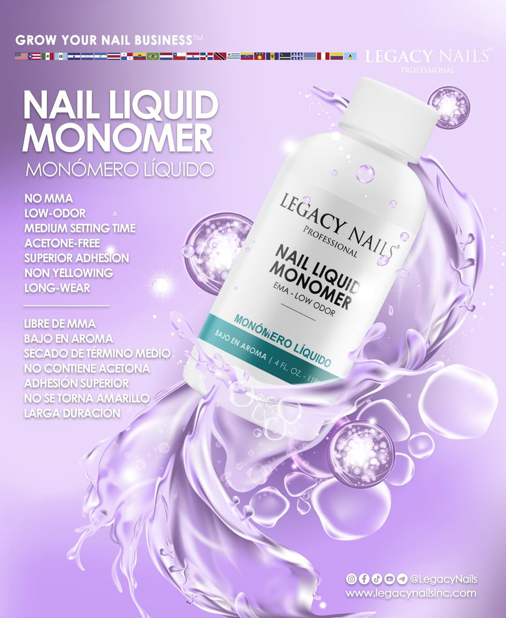 Legacy Nails Professional NAIL LIQUID MONOMER – MMA-Free, Acetone-Free, Low-Odor, Compatible with All Acrylic Powders – 946ml / 32 fl oz