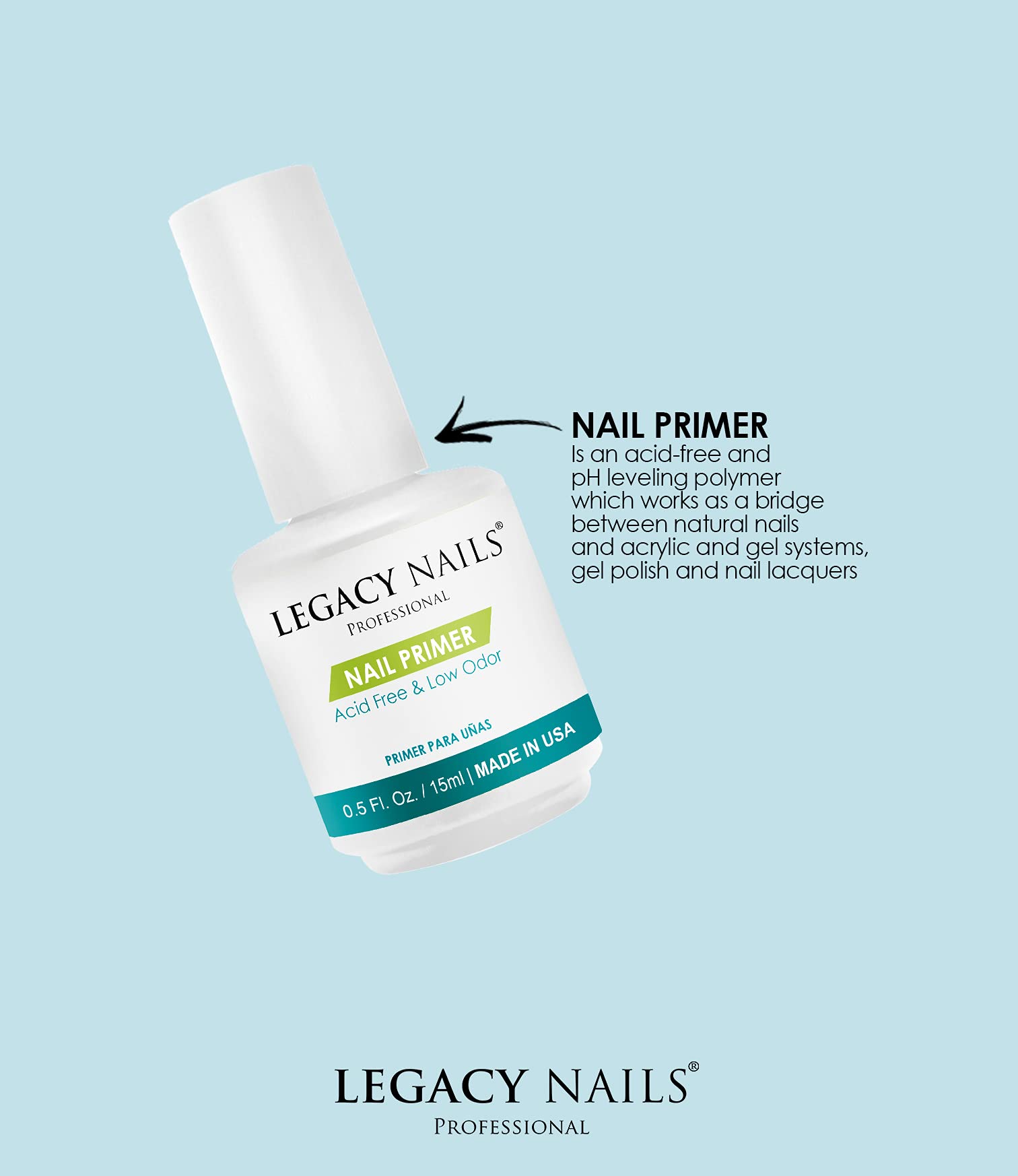 Legacy Nails Nail Primer 0.5oz/15ml – Acid-Free, Low Odor, pH Leveling Polymer