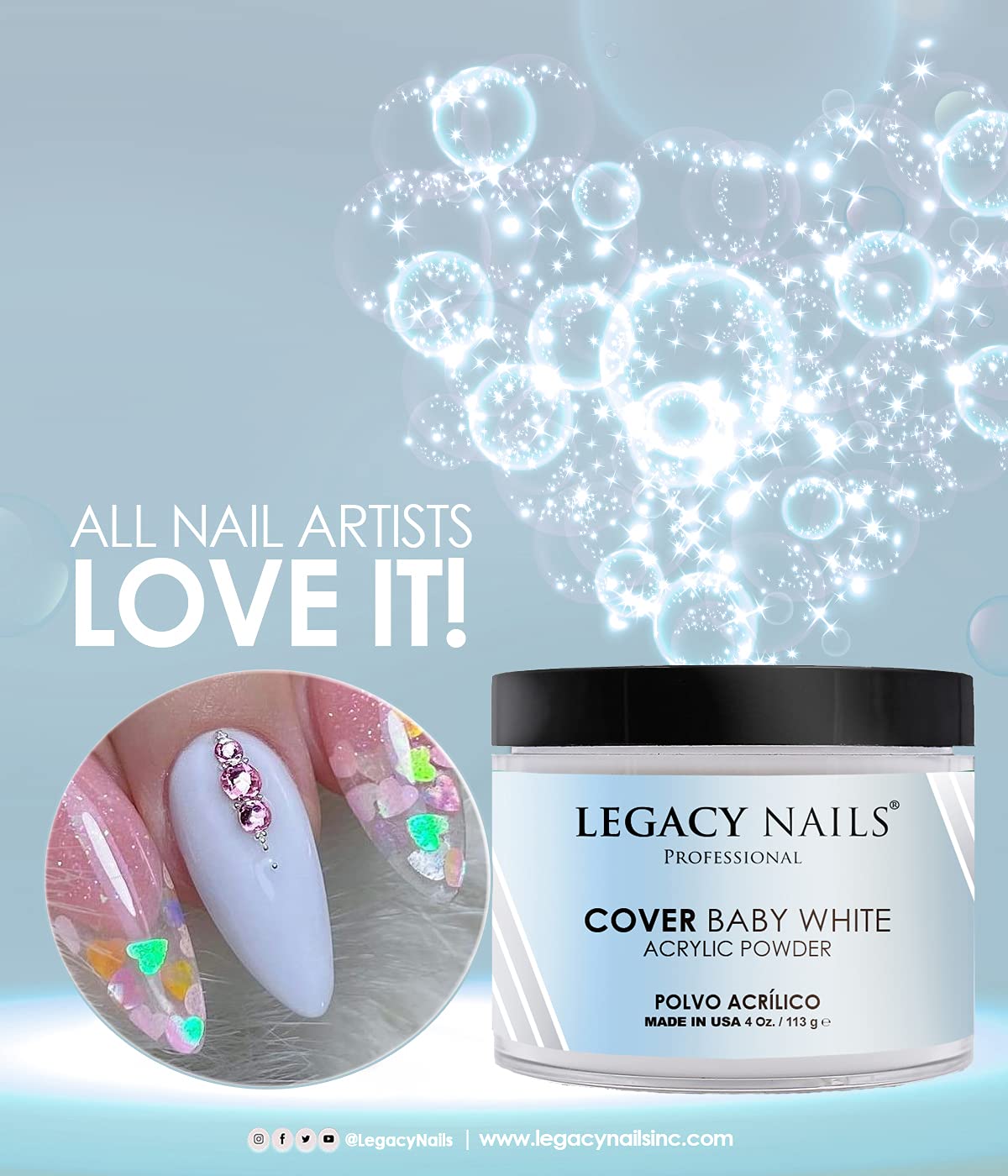 Legacy Nails Professional Cover Acrylic Powder – 4oz Baby White for French Nail Art