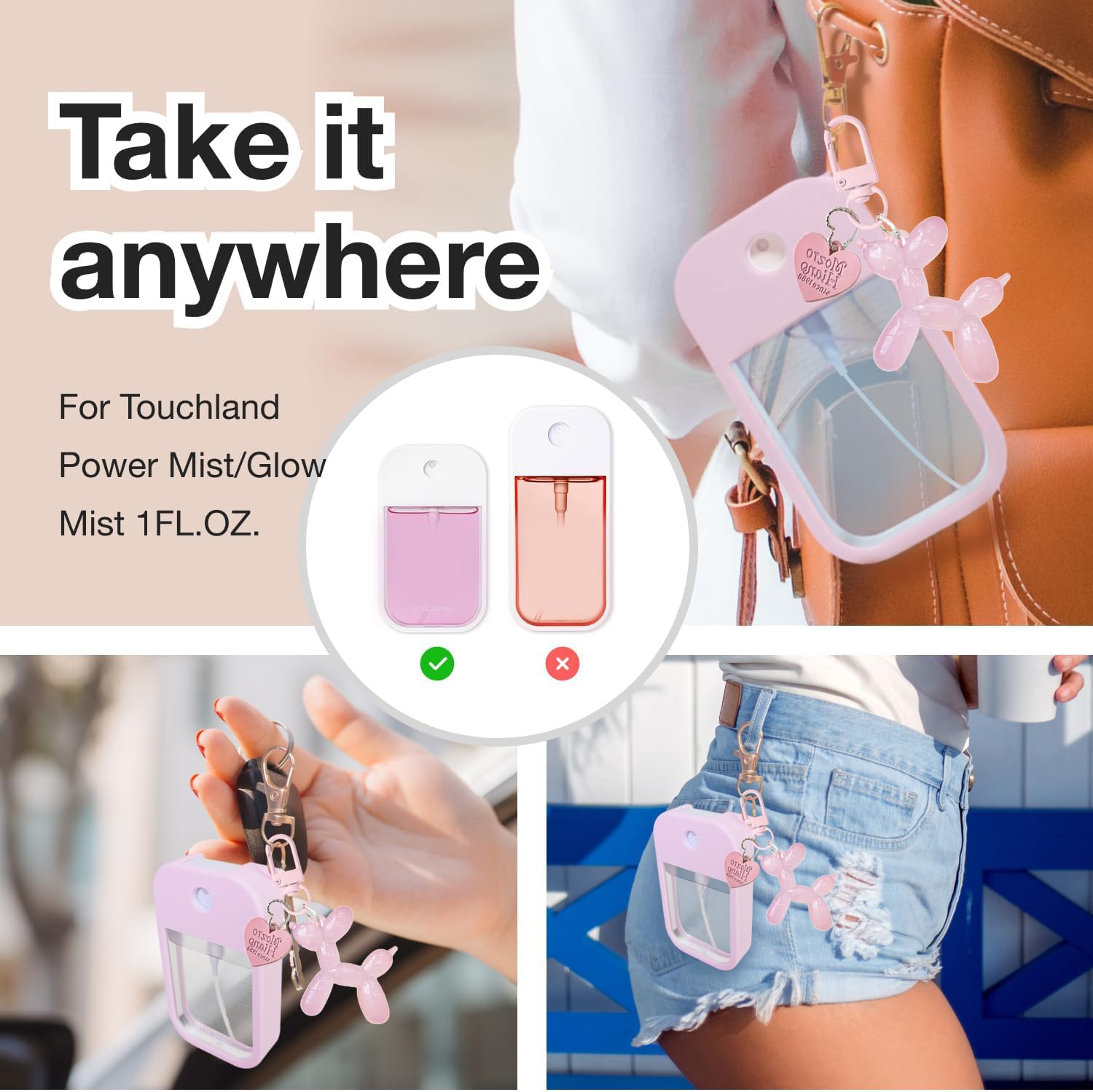 LEISENOR Silicone Case for Touchland Power Mist & Glow Mist — Protective 1 oz Case with 360° Keychain