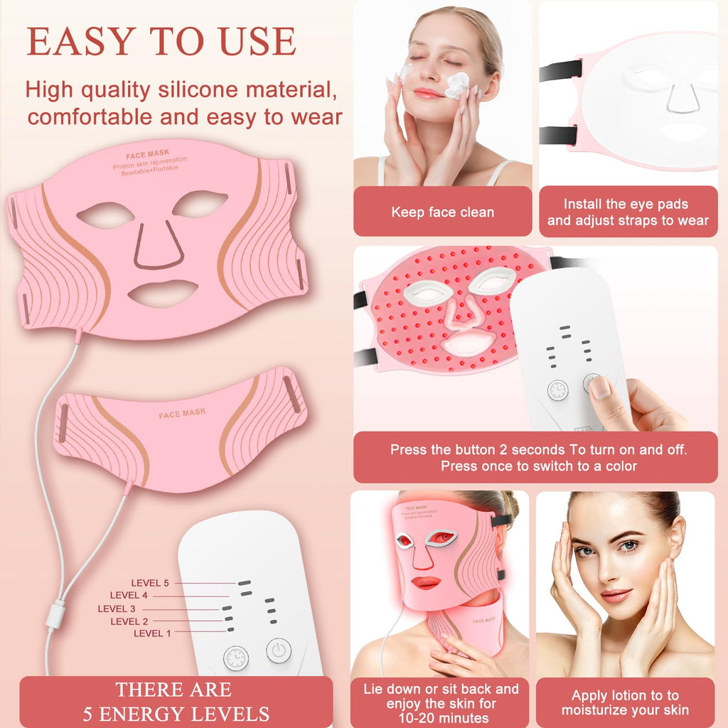LEKKSA Red Light Therapy Mask for Face & Neck – 309 LEDs, 7 Modes, Rechargeable