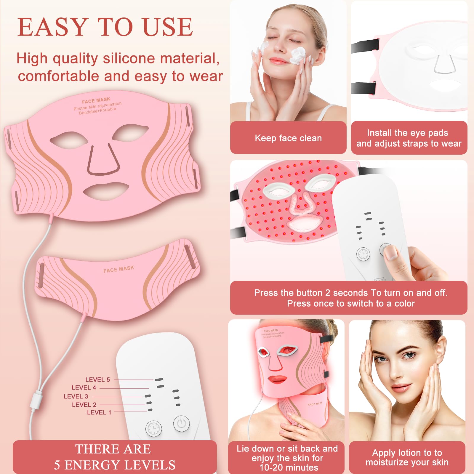 LEKKSA Red Light Therapy Mask for Face & Neck – 309 LEDs, 7 Modes, Rechargeable