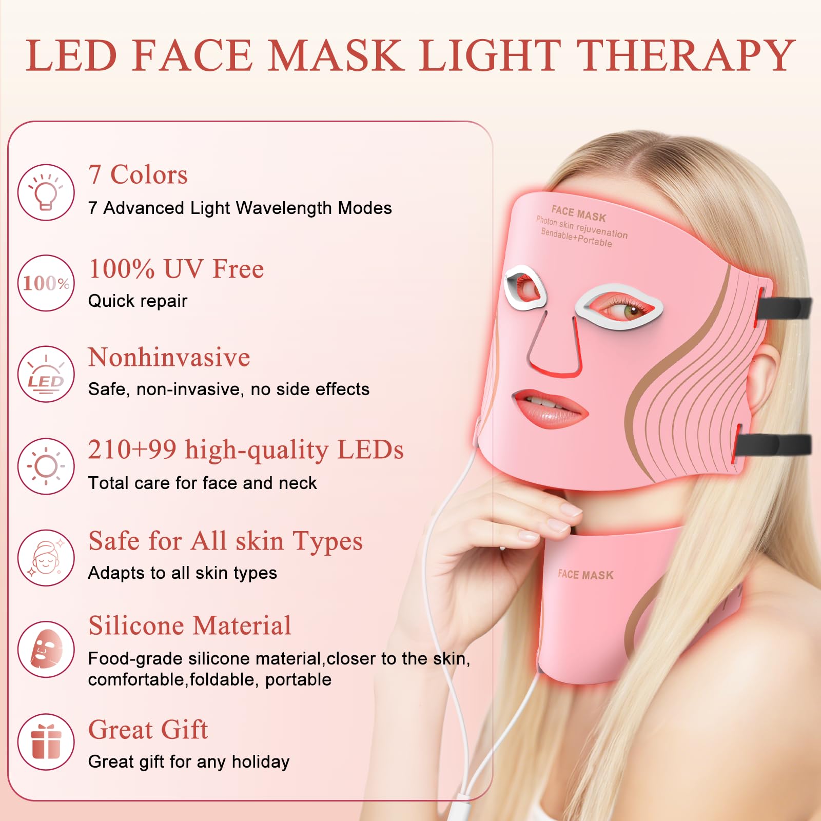 LEKKSA Red Light Therapy Mask for Face & Neck – 309 LEDs, 7 Modes, Rechargeable