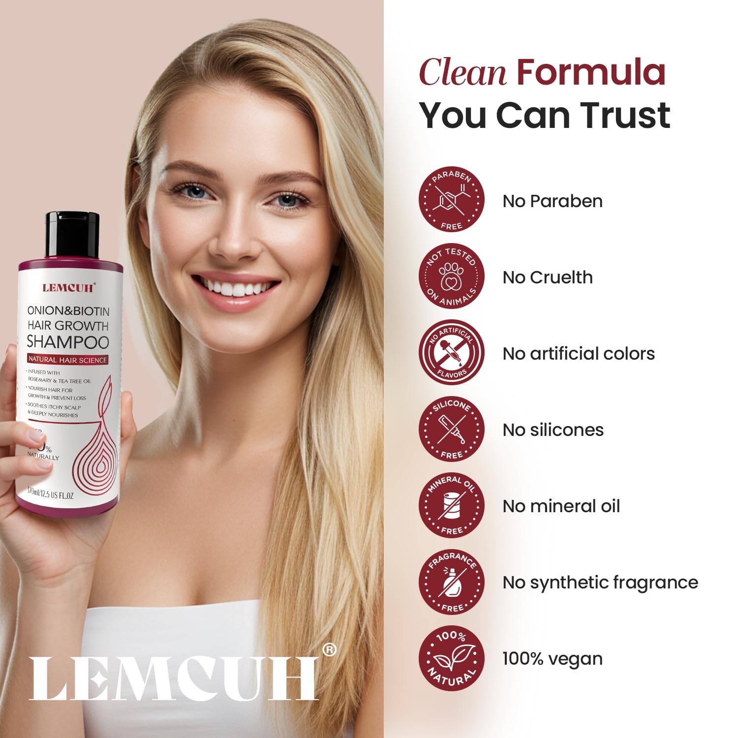 Lemcuh Rosemary Shampoo with Onion & Biotin – Volumizing Thickening Hair Care (12.5 oz)