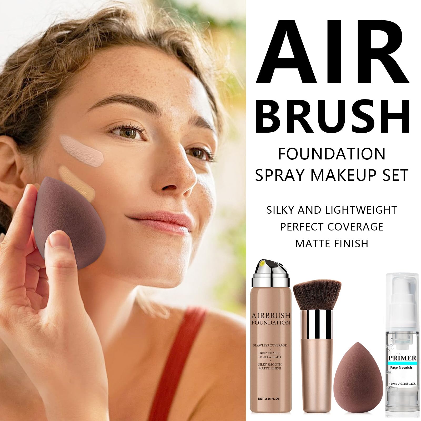 LemonSac AirBrush Foundation Spray with Primer & Brush – Lightweight Full Coverage