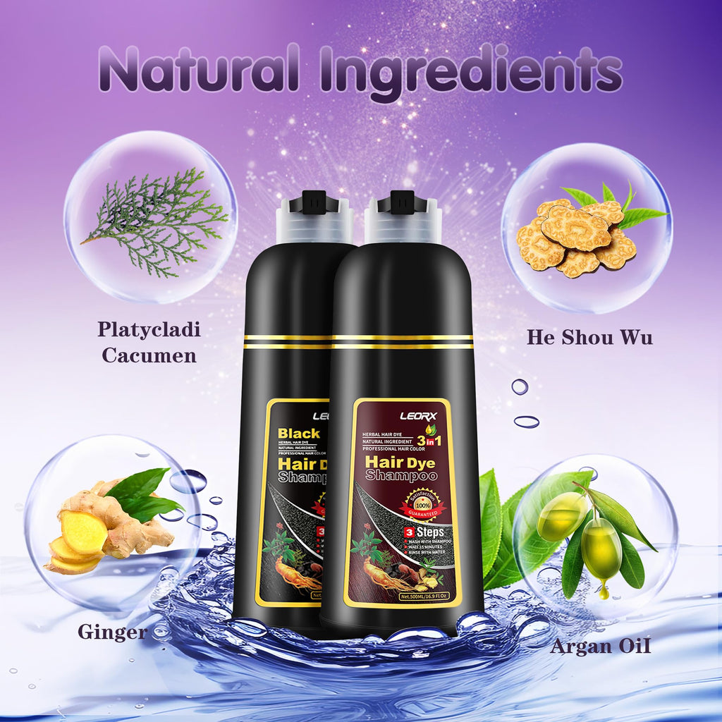 Leorx 3 In 1 Brown Hair Dye Shampoo - Even Color in 15–20 Minutes (16.9 oz)