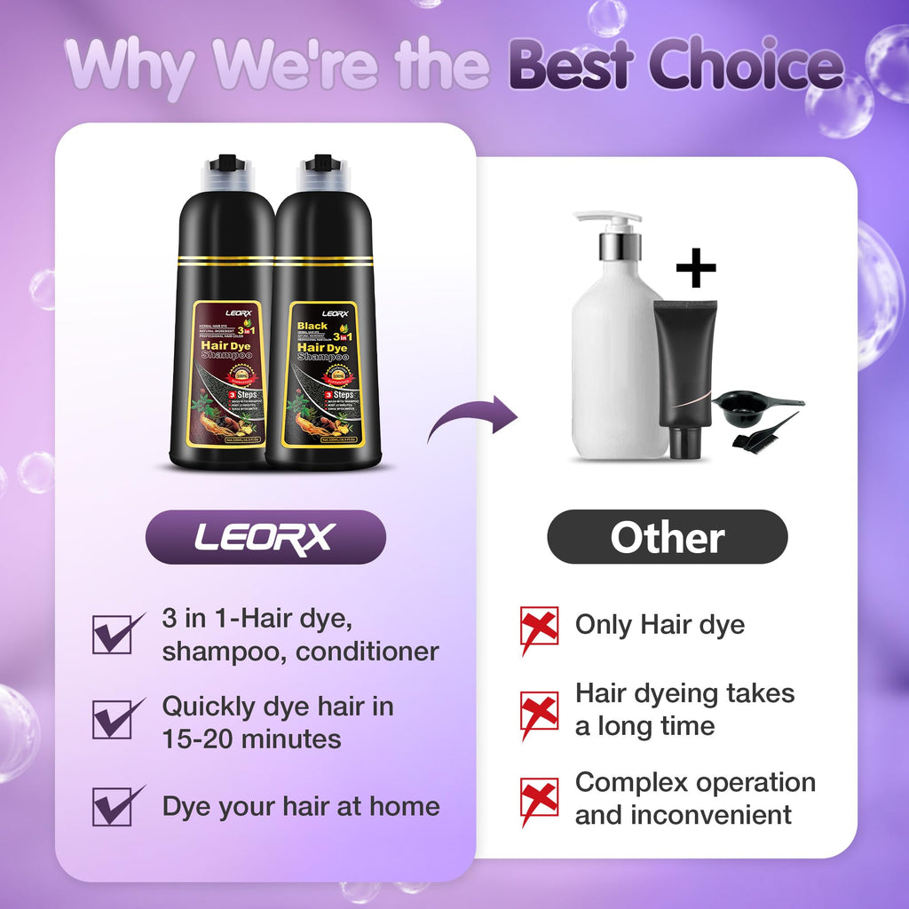 Leorx 3 In 1 Brown Hair Dye Shampoo - Even Color in 15–20 Minutes (16.9 oz)