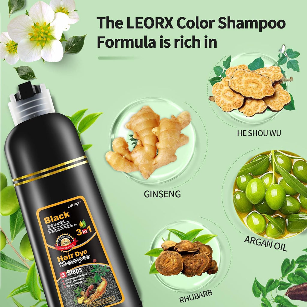 Leorx Black Hair Dye Shampoo 16.9 oz – 3-in-1 Color, Ammonia Free for Gray Hair