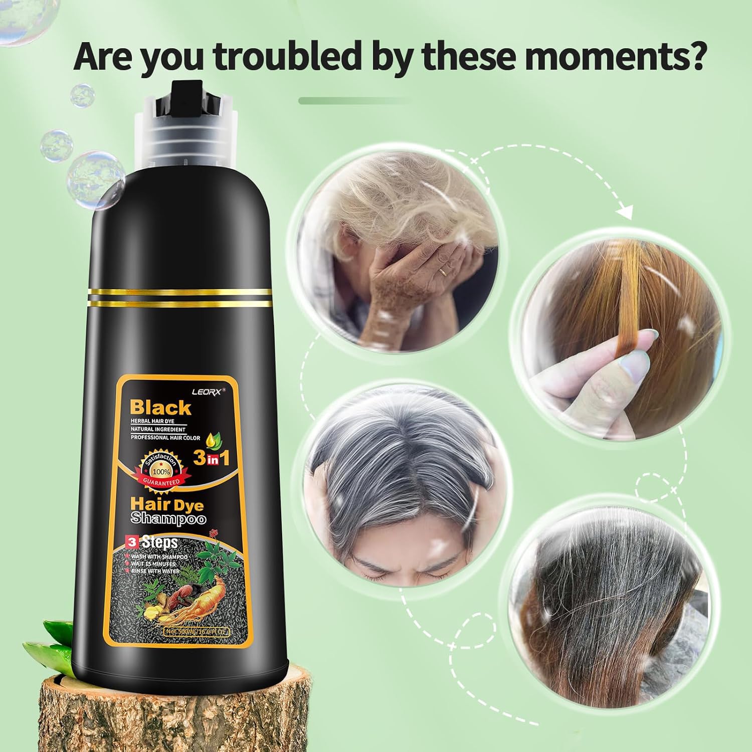 Leorx Black Hair Dye Shampoo 16.9 oz – 3-in-1 Color, Ammonia Free for Gray Hair