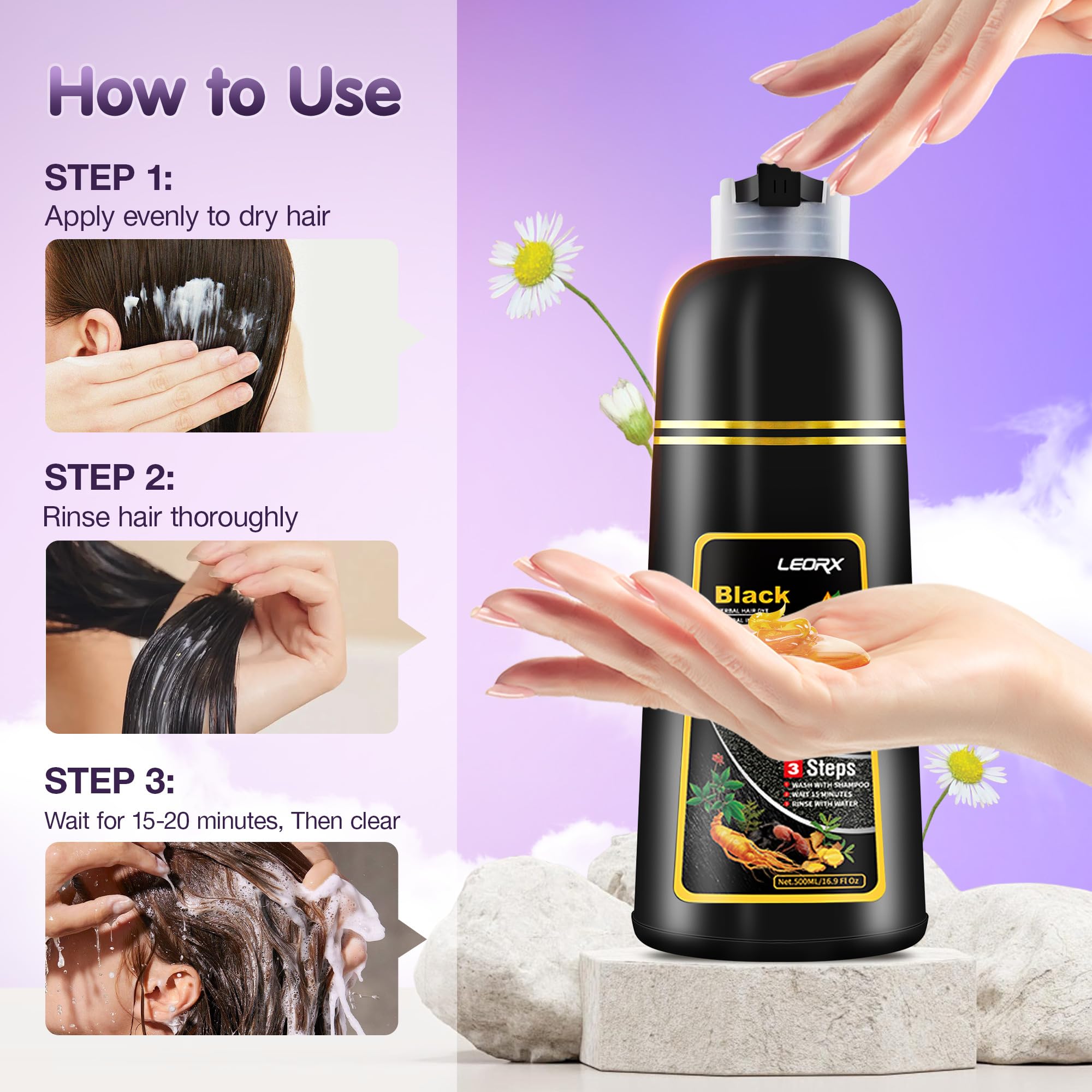 Leorx Hair Dye Shampoo 3 In 1 - Dark Wine Red | Instant Color, Gray Coverage, At-Home Salon Quality