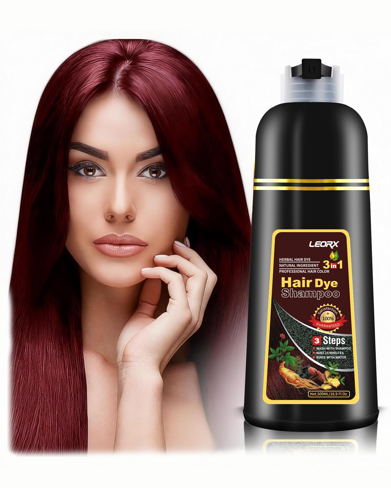 Leorx Hair Dye Shampoo 3 In 1 - Dark Wine Red | Instant Color, Gray Coverage, At-Home Salon Quality