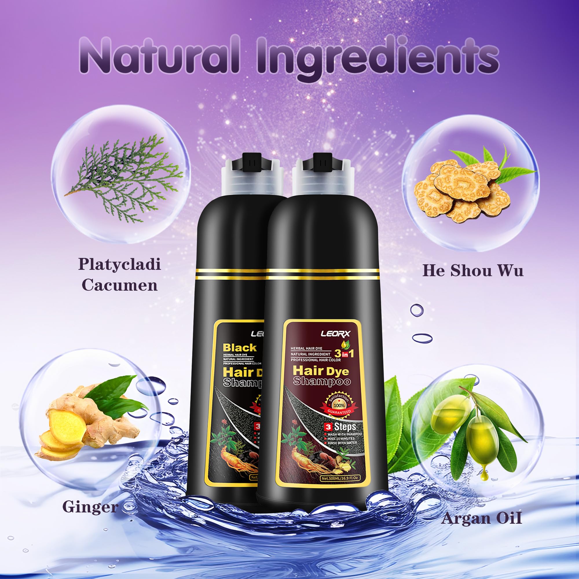Leorx Hair Dye Shampoo 3 In 1 - Dark Wine Red | Instant Color, Gray Coverage, At-Home Salon Quality