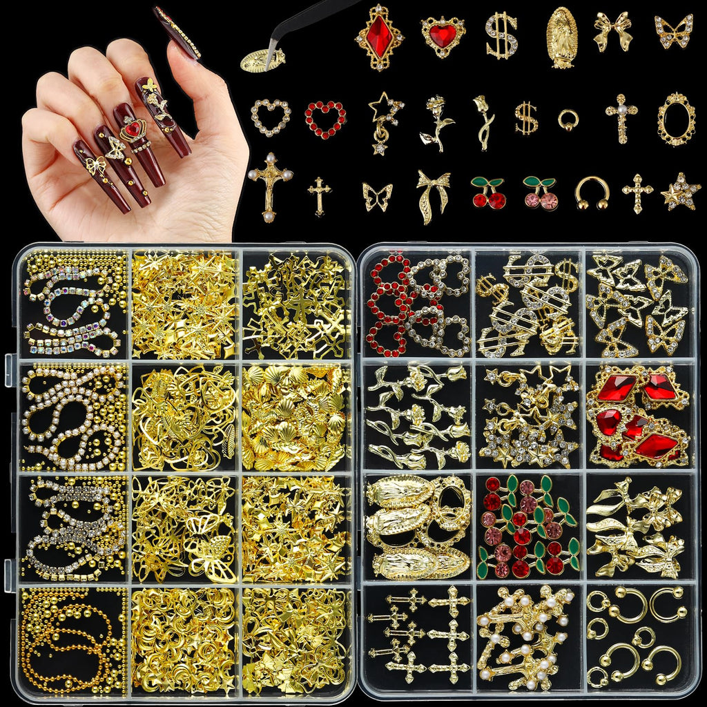 LERBOU Gold Nail Charms & Gems Set — 4 Boxes DIY Nail Decorations Kit | Gold 3D Charms, Champagne Rhinestones, Y2K Punk Style