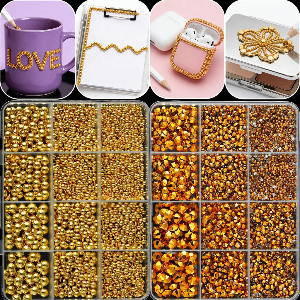 LERBOU Gold Nail Charms & Gems Set — 4 Boxes DIY Nail Decorations Kit | Gold 3D Charms, Champagne Rhinestones, Y2K Punk Style