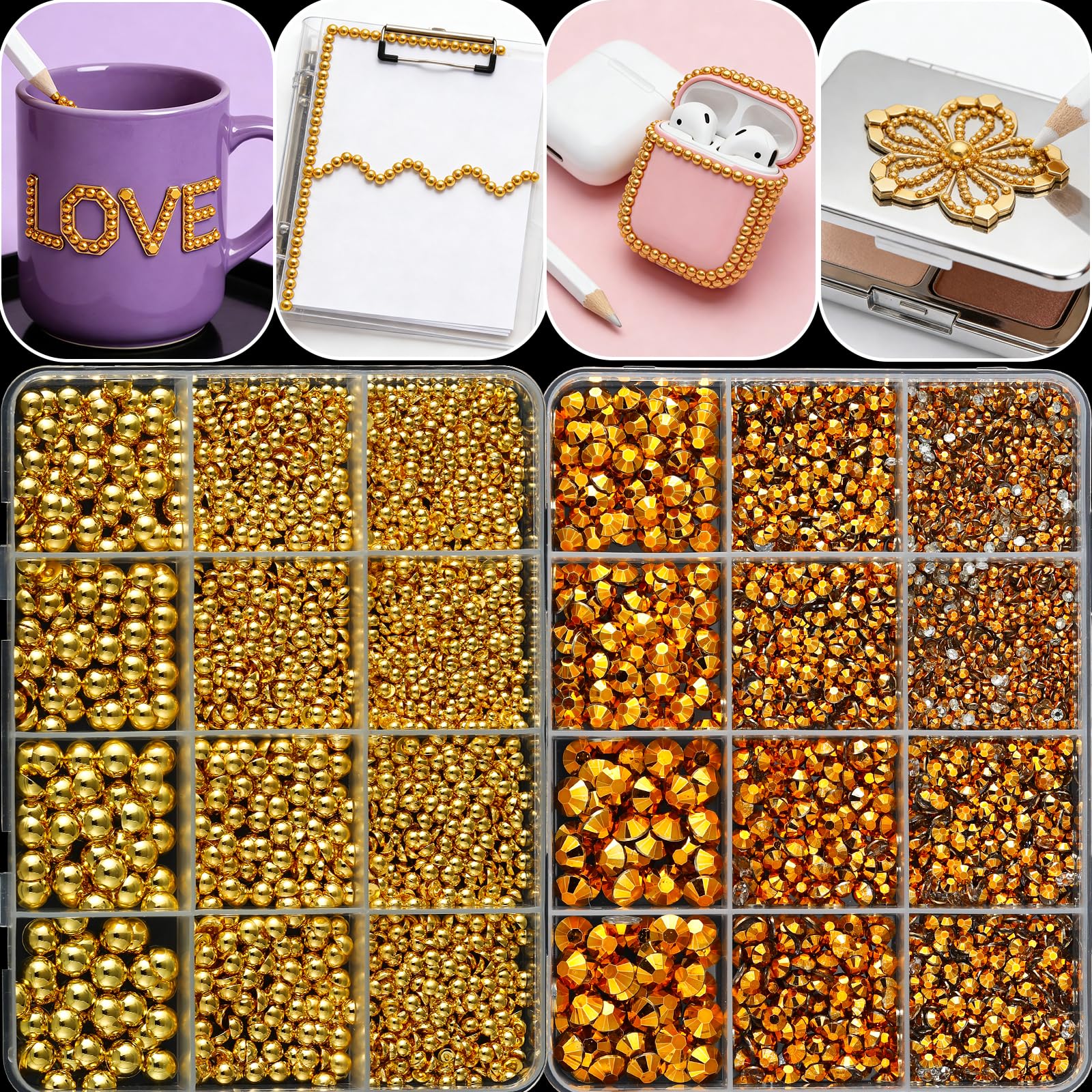LERBOU Gold Nail Charms & Gems Set — 4 Boxes DIY Nail Decorations Kit | Gold 3D Charms, Champagne Rhinestones, Y2K Punk Style