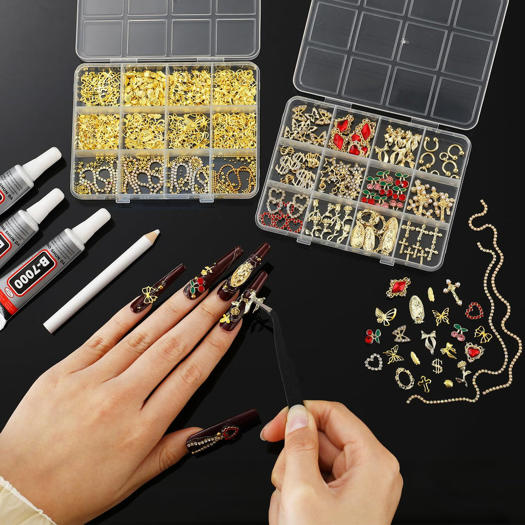 LERBOU Gold Nail Charms & Gems Set — 4 Boxes DIY Nail Decorations Kit | Gold 3D Charms, Champagne Rhinestones, Y2K Punk Style