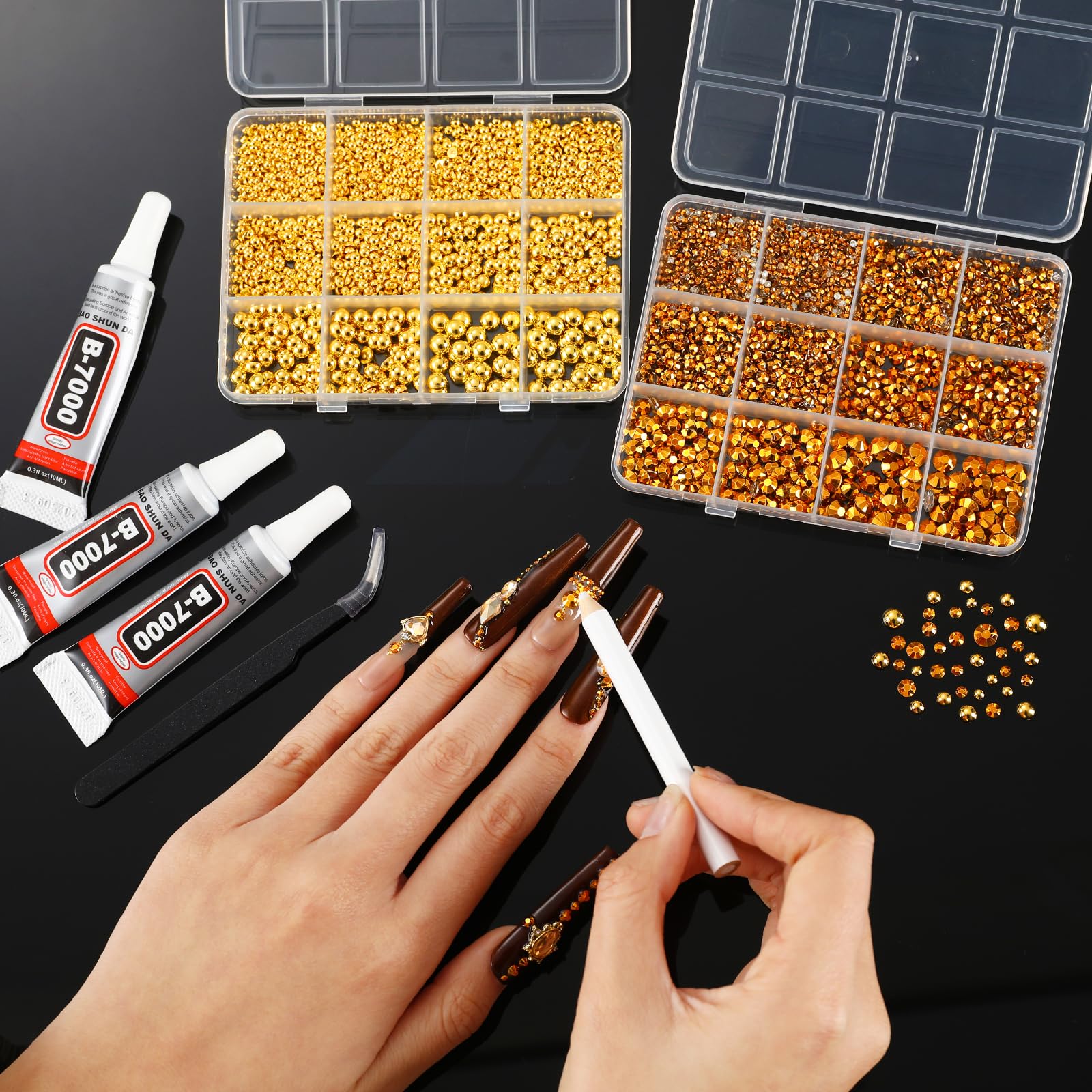 LERBOU Gold Nail Charms & Gems Set — 4 Boxes DIY Nail Decorations Kit | Gold 3D Charms, Champagne Rhinestones, Y2K Punk Style