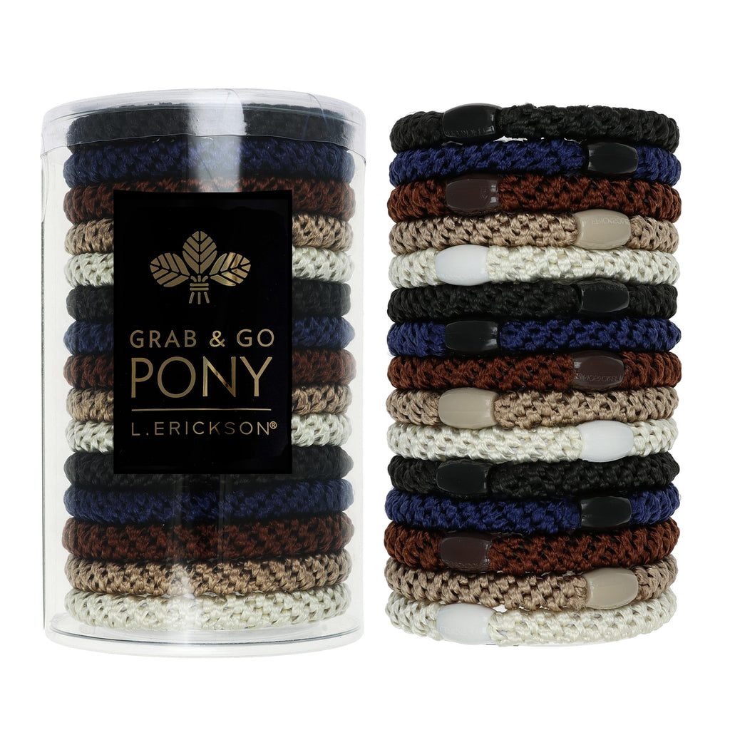 L. Erickson Brown & Black Hair Ties for Thick Hair – Grab & Go Pony Tube, 15 Pack