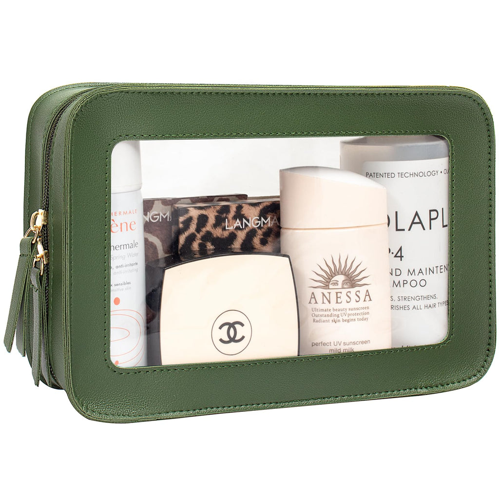 LETGO Clear Makeup Bag – TSA-Approved Travel Organizer, PU Saffiano Leather, Vintage Green