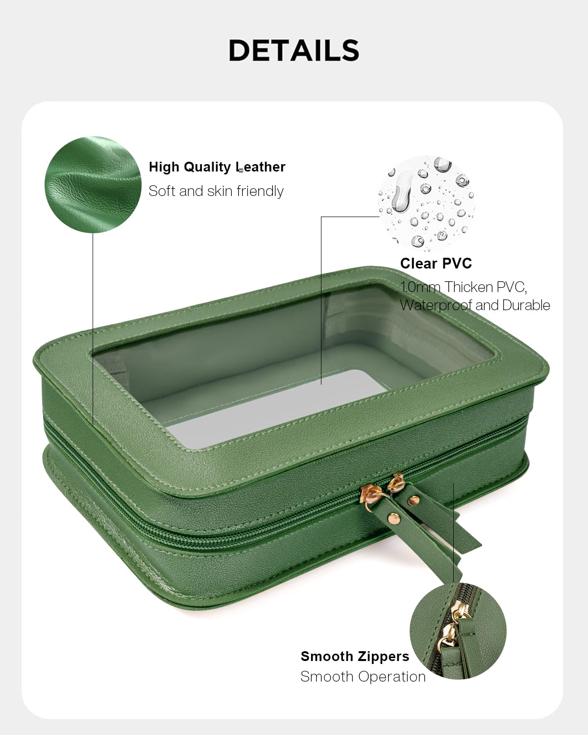 LETGO Clear Makeup Bag – TSA-Approved Travel Organizer, PU Saffiano Leather, Vintage Green