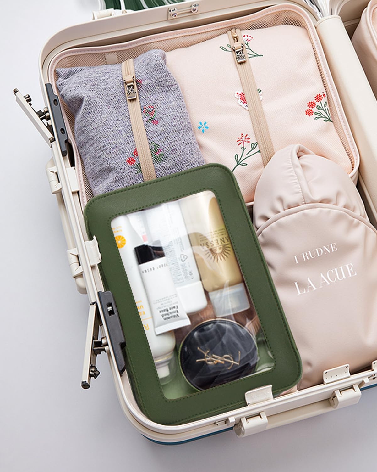 LETGO Clear Makeup Bag – TSA-Approved Travel Organizer, PU Saffiano Leather, Vintage Green