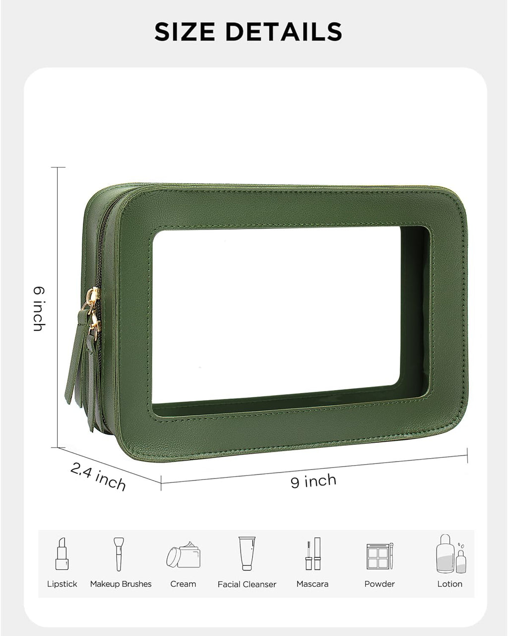 LETGO Clear Makeup Bag – TSA-Approved Travel Organizer, PU Saffiano Leather, Vintage Green