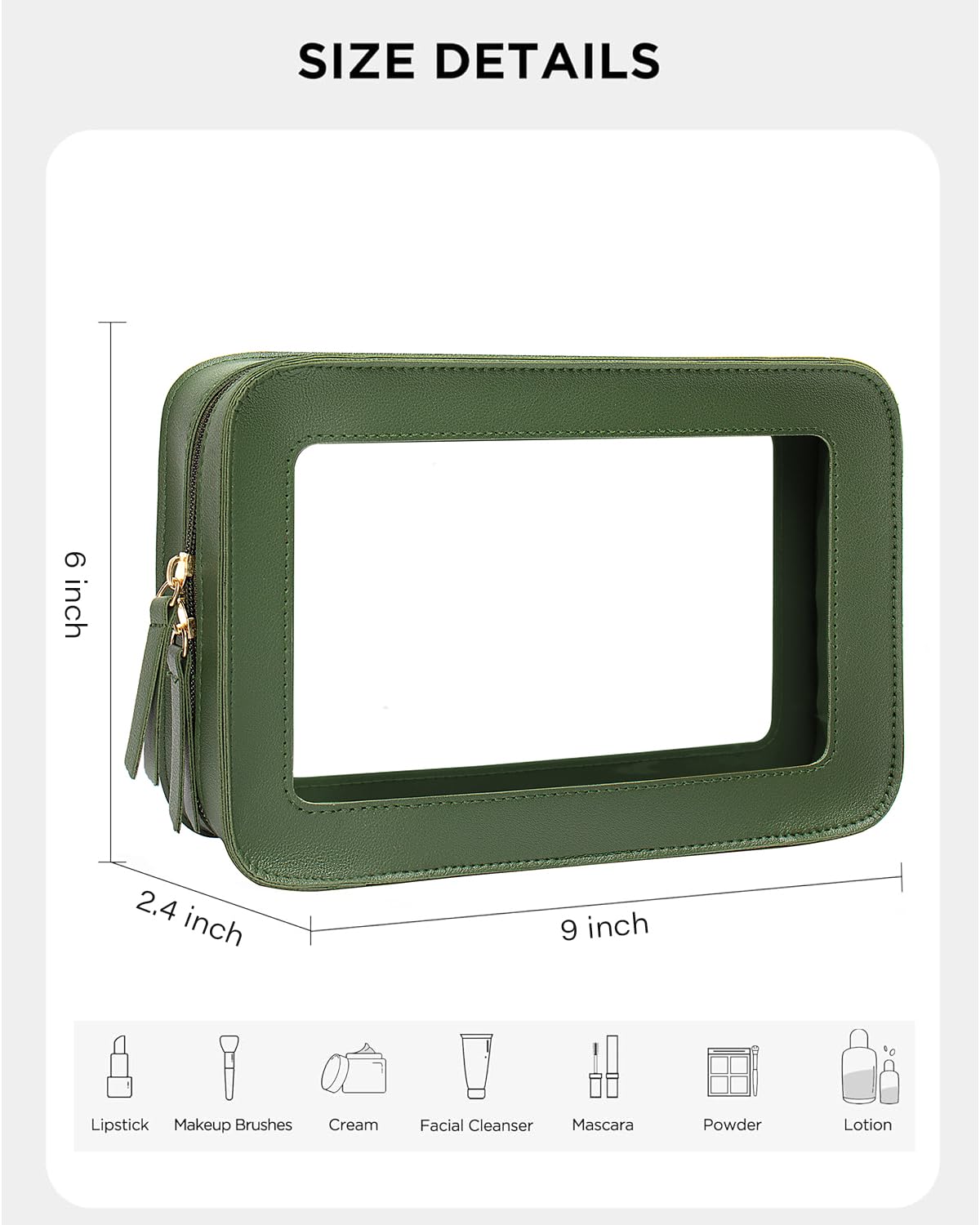 LETGO Clear Makeup Bag – TSA-Approved Travel Organizer, PU Saffiano Leather, Vintage Green