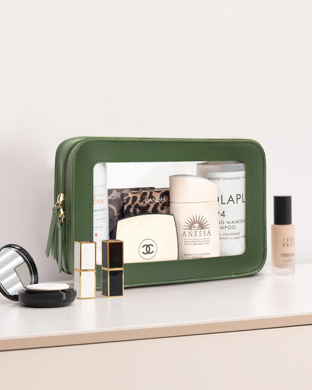 LETGO Clear Makeup Bag – TSA-Approved Travel Organizer, PU Saffiano Leather, Vintage Green
