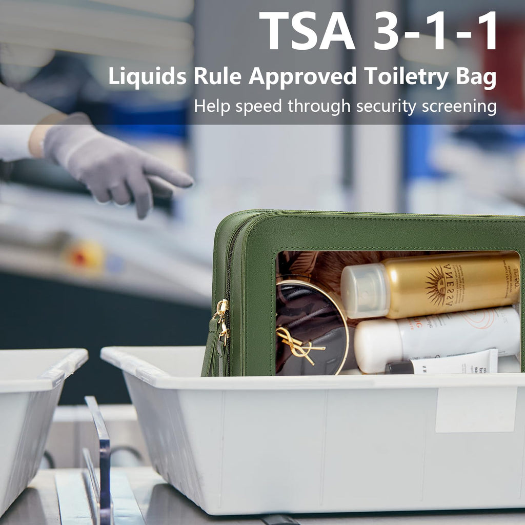 LETGO Clear Makeup Bag – TSA-Approved Travel Organizer, PU Saffiano Leather, Vintage Green