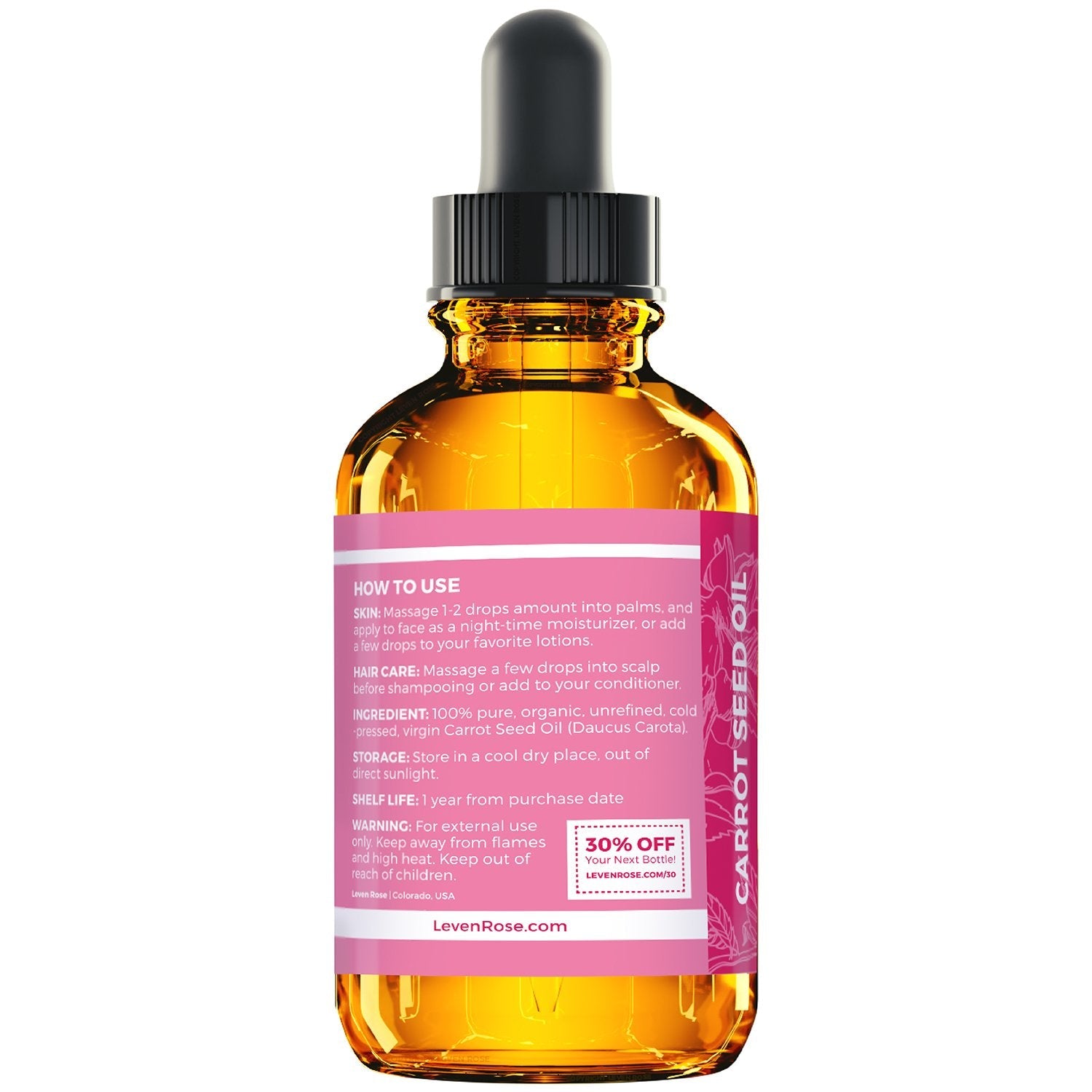 Leven Rose Carrot Seed Oil – Pure Unrefined Cold-Pressed Moisturizer for Hair, Skin & Nails (1 oz)