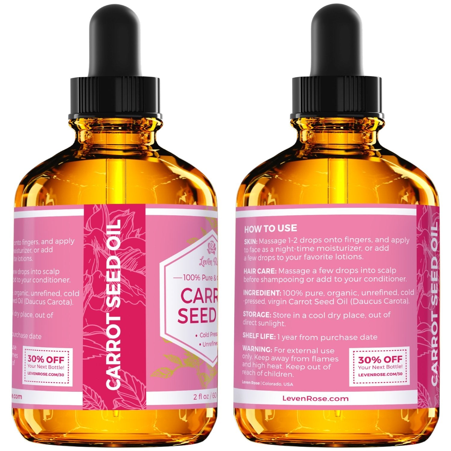 Leven Rose Carrot Seed Oil – 100% Pure Cold-Pressed Oil, 2 oz