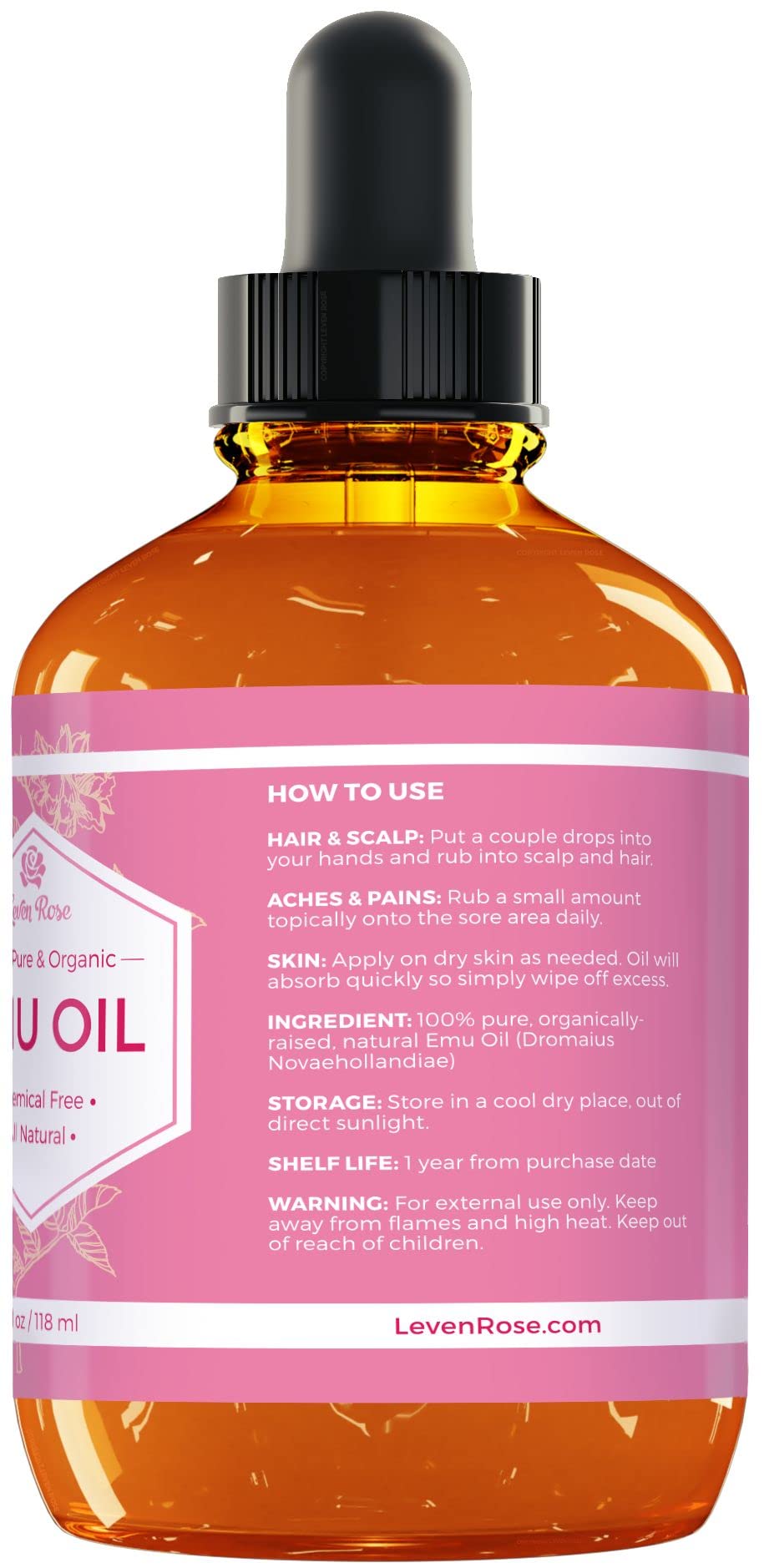 Leven Rose Emu Oil, 100% Pure – 4 oz Skin & Hair Moisturizer with Pipette
