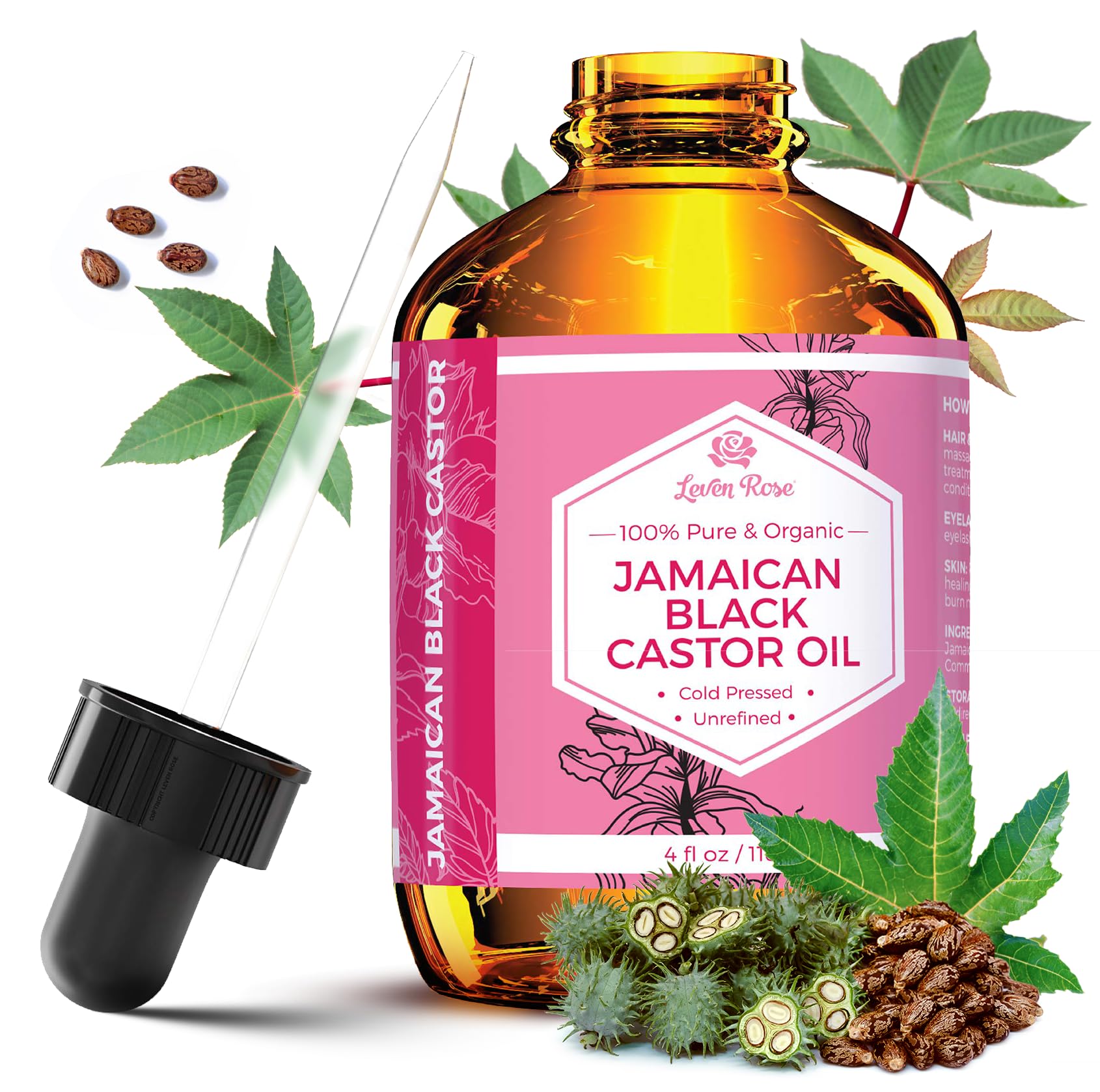 Leven Rose Jamaican Black Castor Oil – 100% Natural JBCO for Hair & Skin – 4 oz