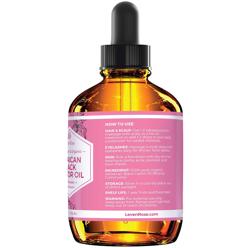 Leven Rose Jamaican Black Castor Oil – 100% Natural JBCO for Hair & Skin – 4 oz