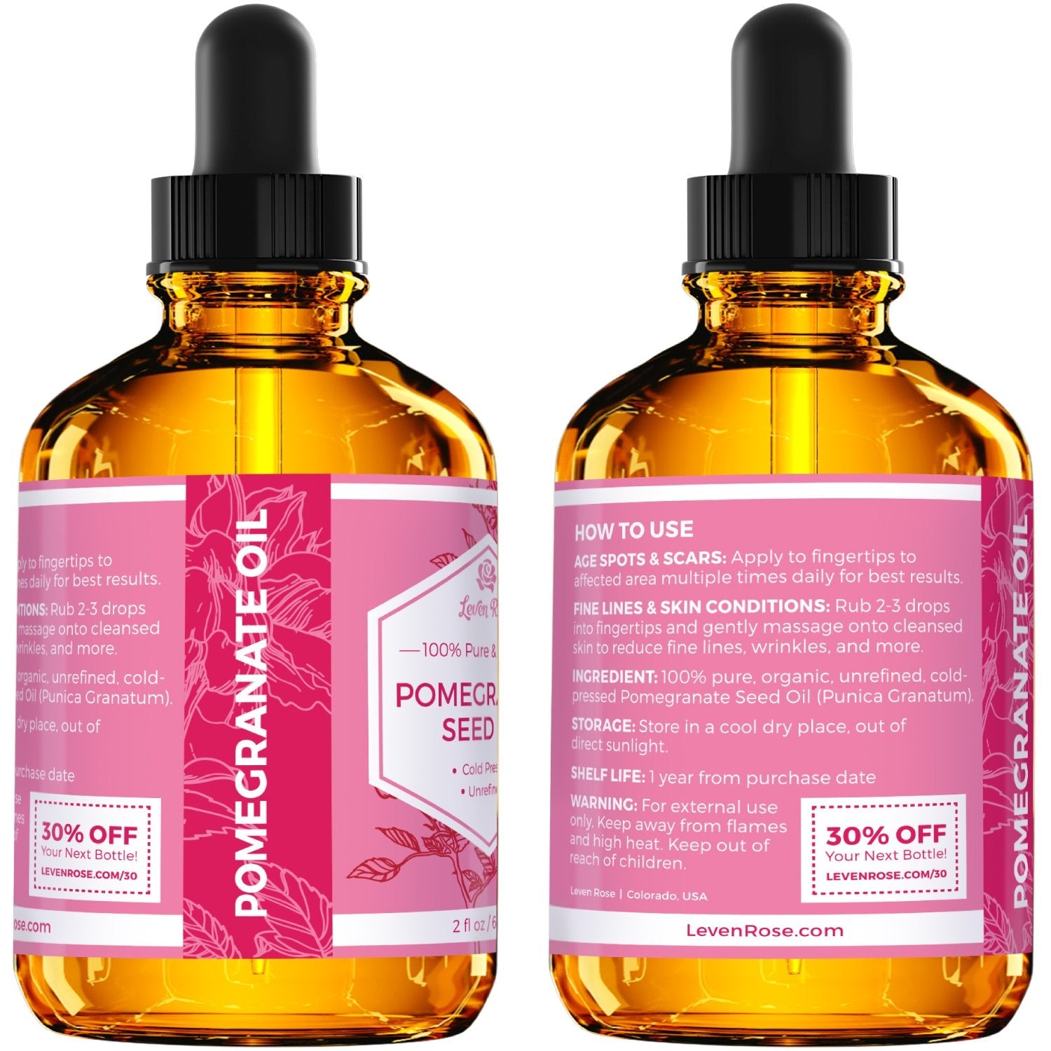 Leven Rose Pomegranate Seed Oil – 100% Pure, Cold-Pressed Moisturizer for Hair, Skin & Nails (2 oz)