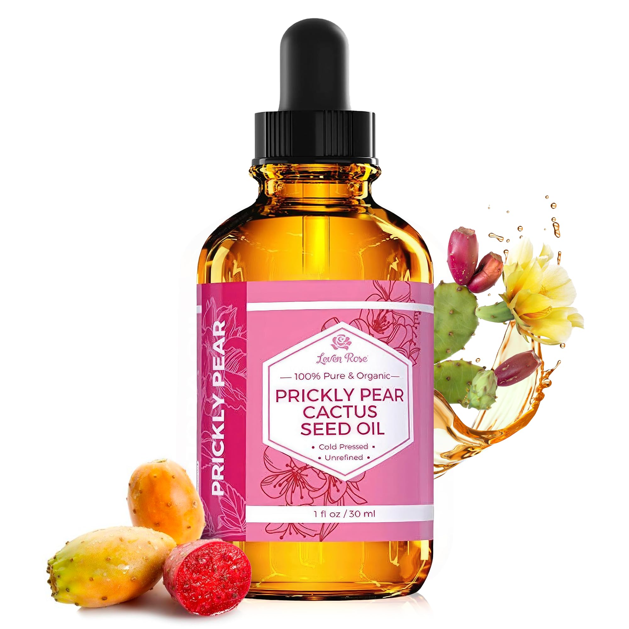 Leven Rose Prickly Pear Seed Oil – 100% Pure Organic Barbary Fig Oil, Cold-Pressed, 1 oz
