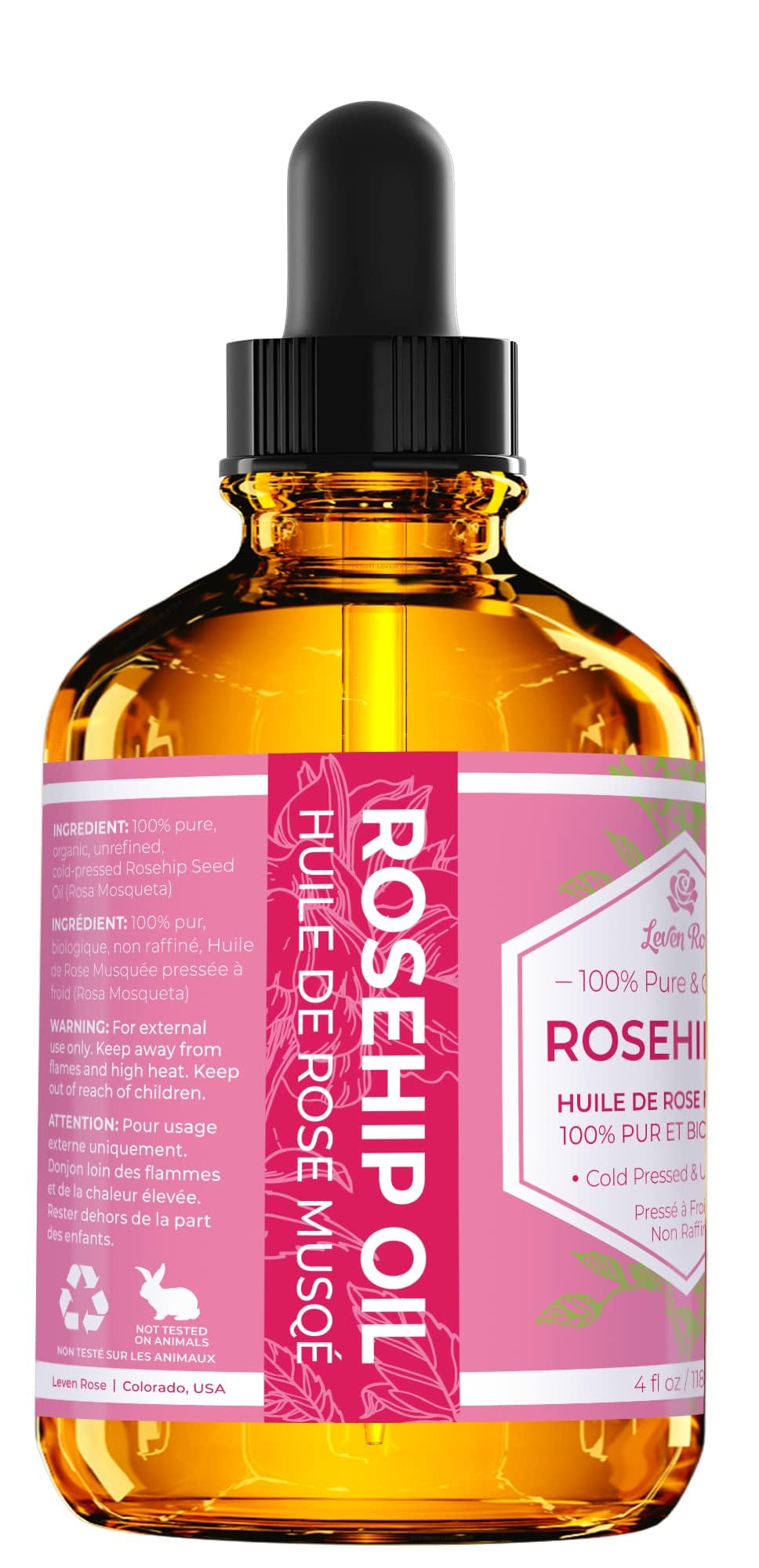 Leven Rose Rosehip Seed Oil for Face – 1 oz Pure, Unrefined, Cold-Pressed