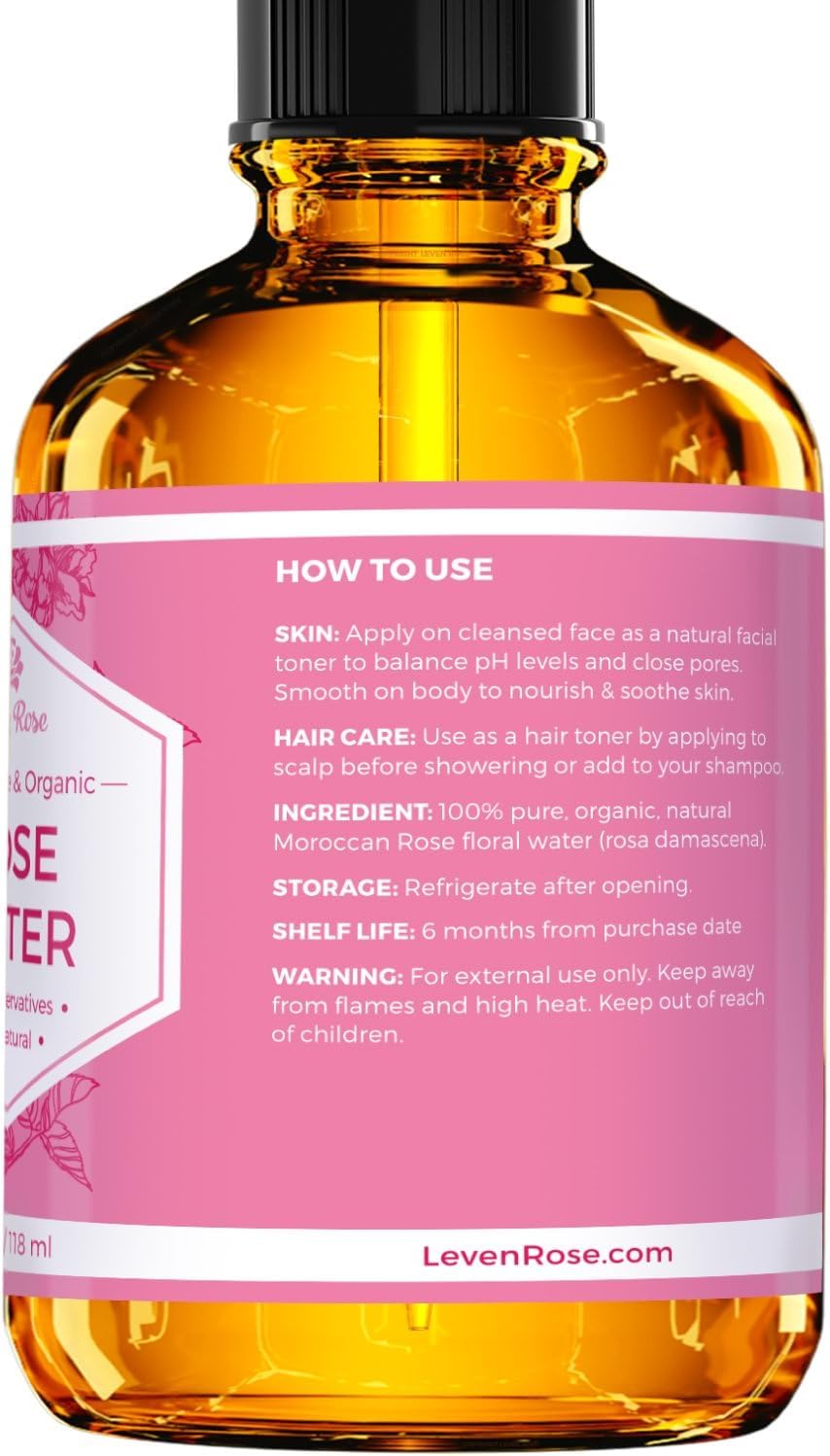 Leven Rose Rose Water Spray – Pure Moroccan Rosewater Hydrosol, 4 oz