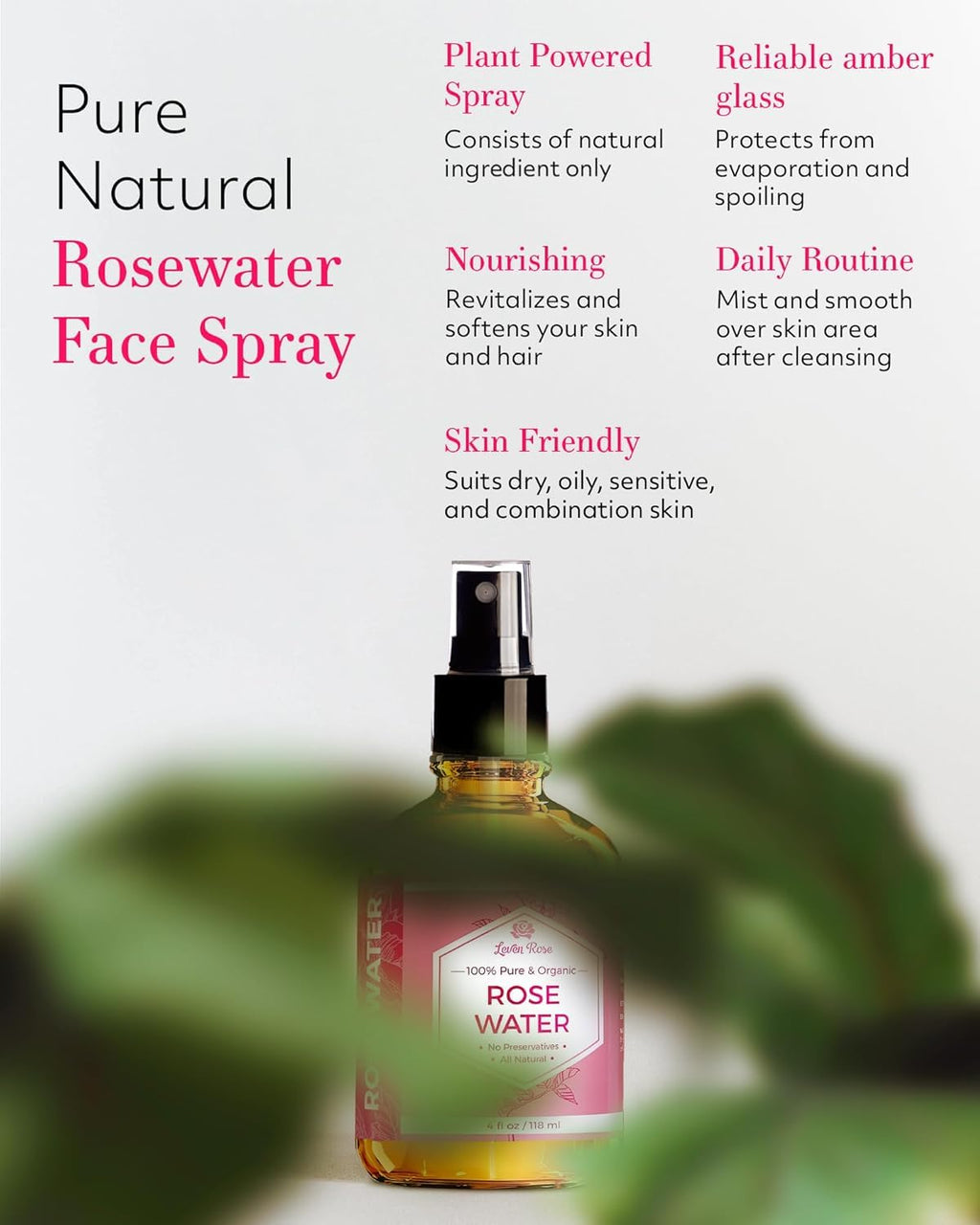 Leven Rose Rose Water Spray – Pure Moroccan Rosewater Hydrosol, 4 oz