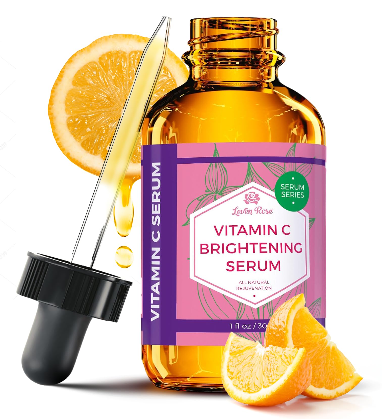 Leven Rose Vitamin C Brightening Serum – 100% Natural Face Serum, Hydration & Radiant Glow (1 oz)