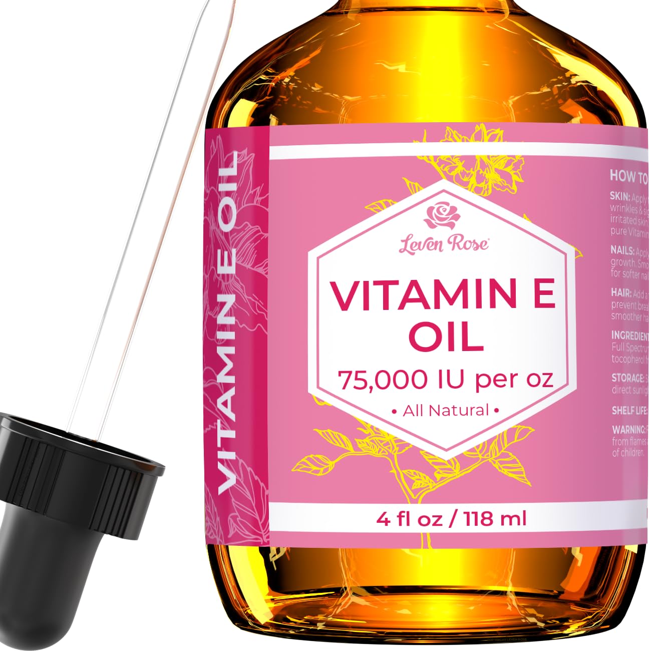 Leven Rose Vitamin E Oil – 75,000 IU/oz, 4 oz | Natural, Organic, Pure