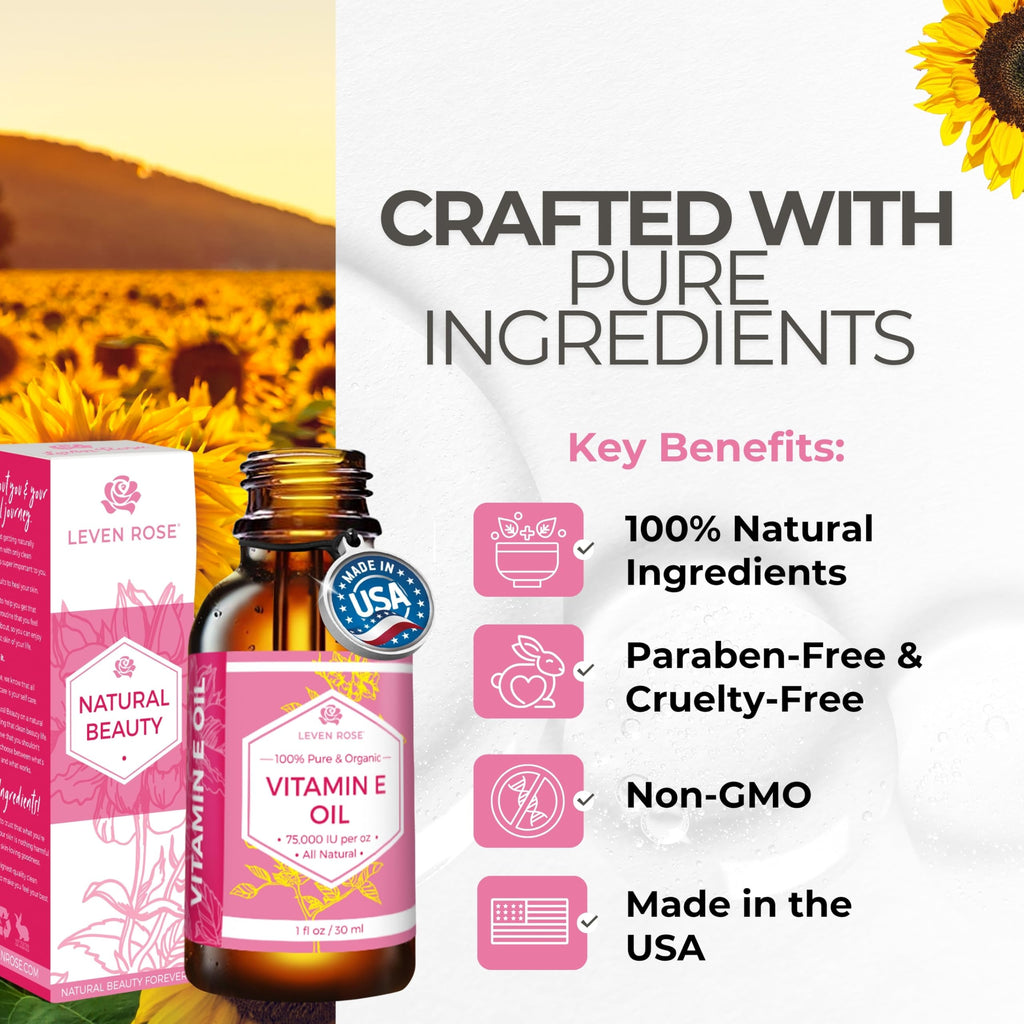 Leven Rose Vitamin E Oil 75,000 IU/oz – 100% Natural, Organic, Pure Vitamin E Oil for Skin, Hair & Nails (1 oz)
