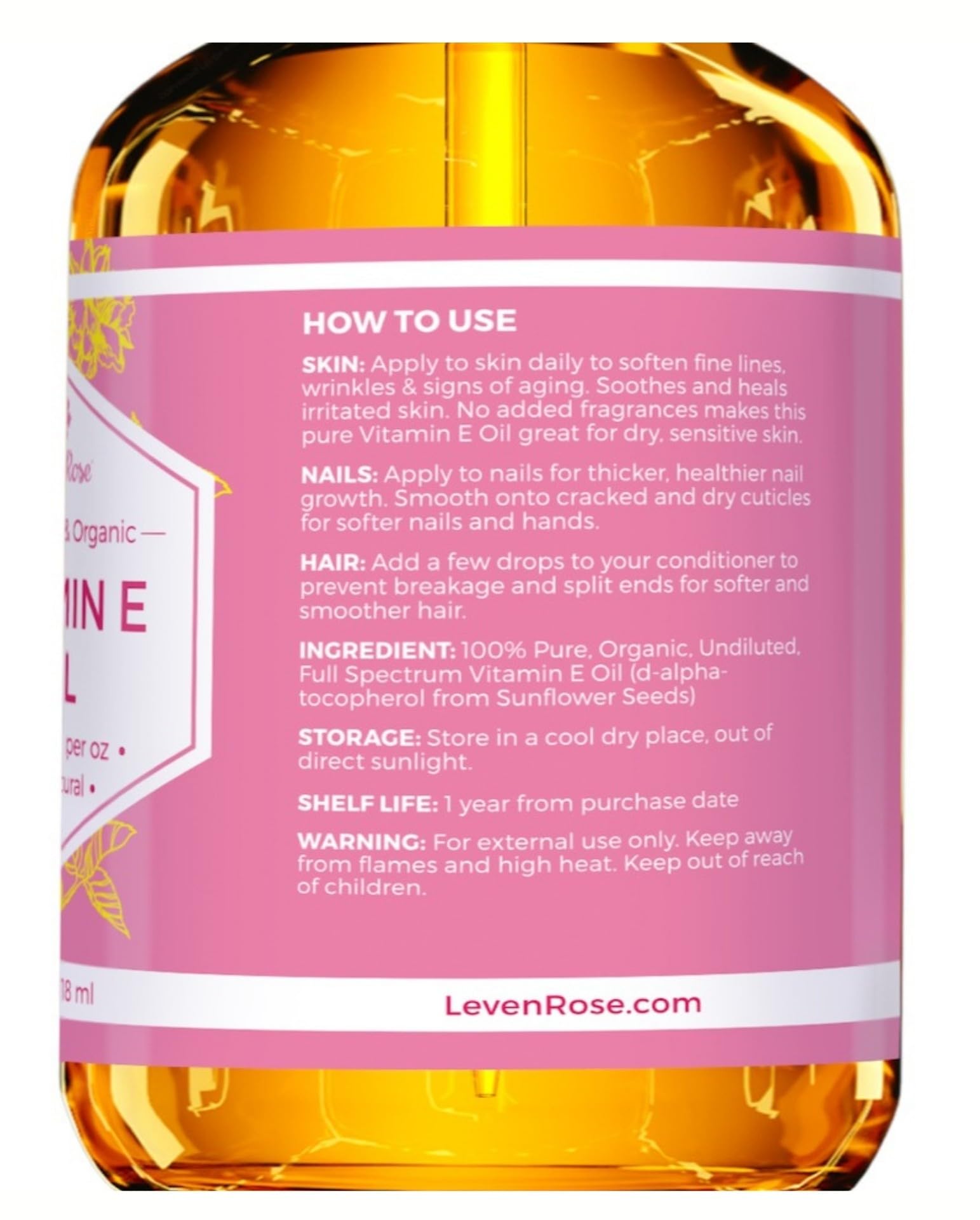 Leven Rose Vitamin E Oil 75,000 IU/oz – 100% Natural, Organic, Pure Vitamin E Oil for Skin, Hair & Nails (1 oz)