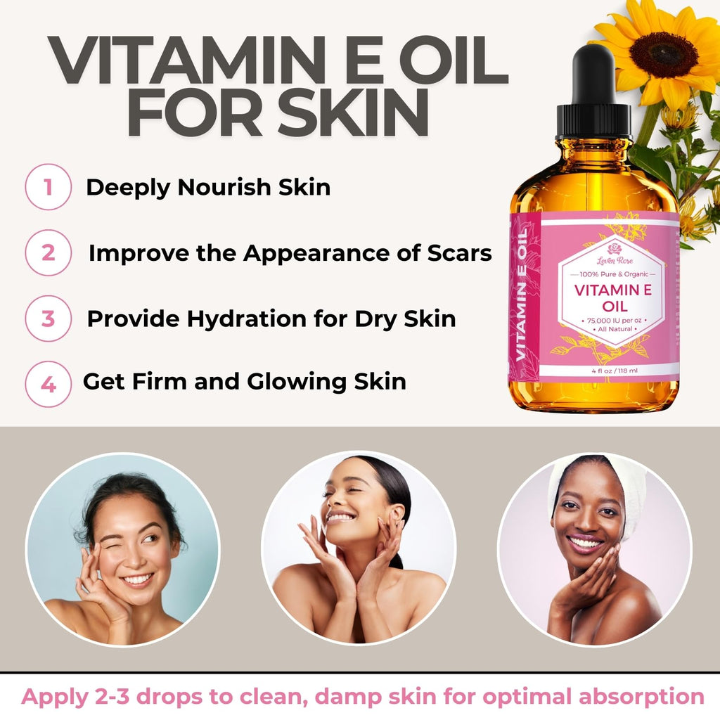 Leven Rose Vitamin E Oil – 75,000 IU/oz, 4 oz | Natural, Organic, Pure