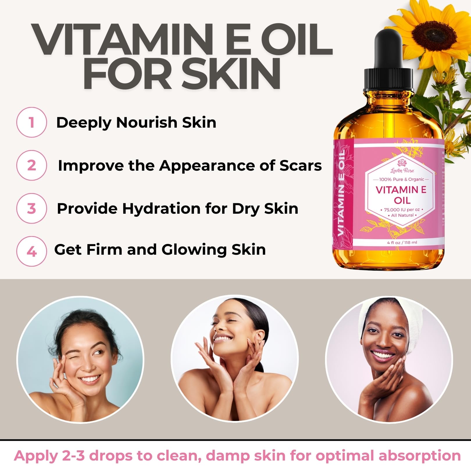 Leven Rose Vitamin E Oil – 75,000 IU/oz, 4 oz | Natural, Organic, Pure