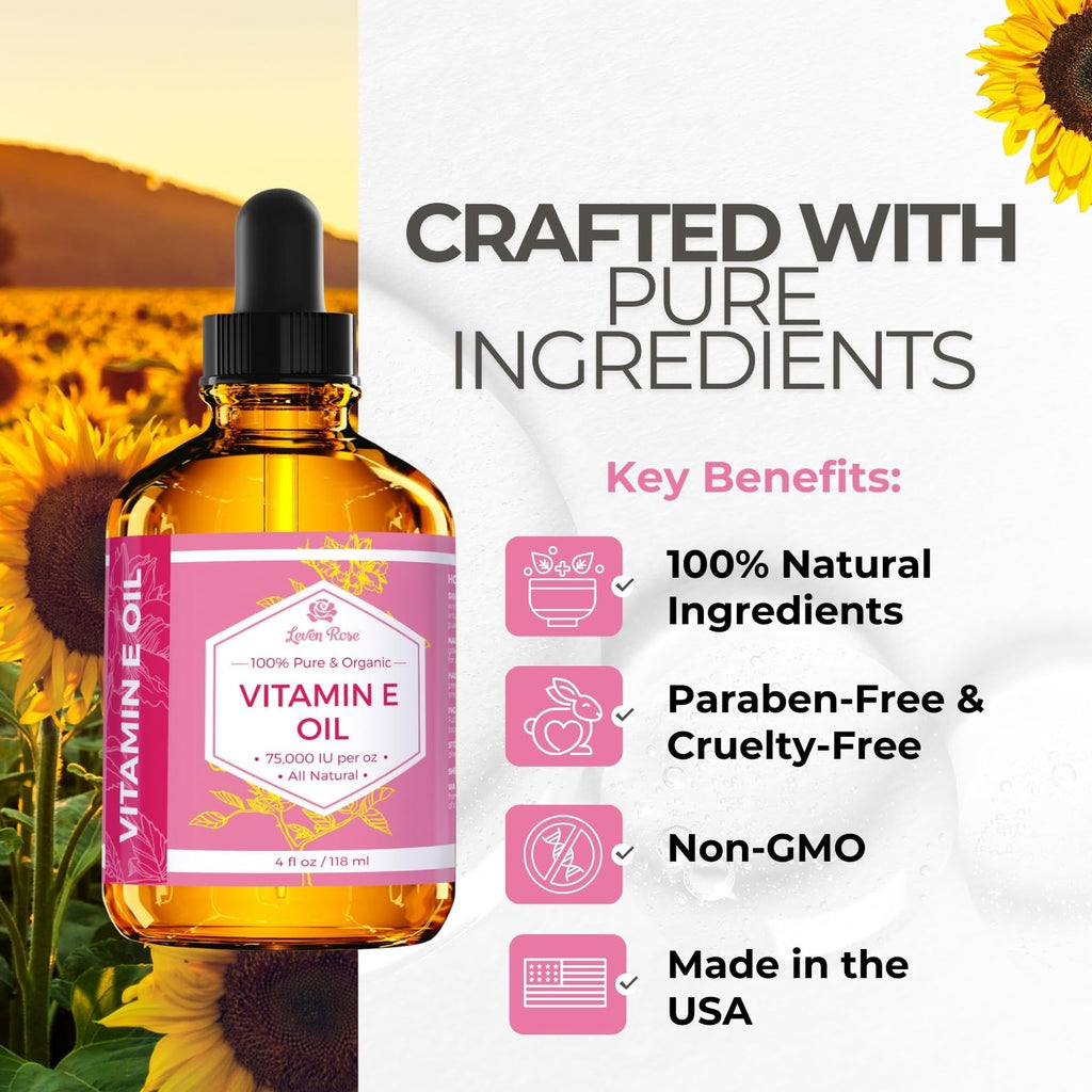 Leven Rose Vitamin E Oil – 75,000 IU/oz, 4 oz | Natural, Organic, Pure