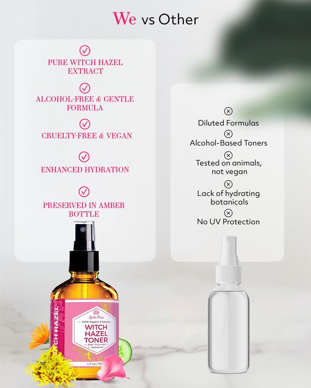 Leven Rose Witch Hazel Toner – 100% Pure Rose Water with Calendula, Cucumber & Chamomile (Alcohol-Free)
