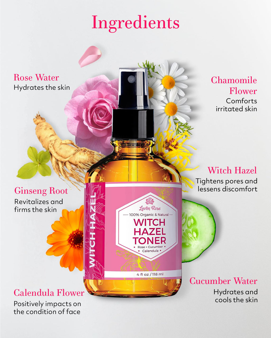 Leven Rose Witch Hazel Toner – 100% Pure Rose Water with Calendula, Cucumber & Chamomile (Alcohol-Free)